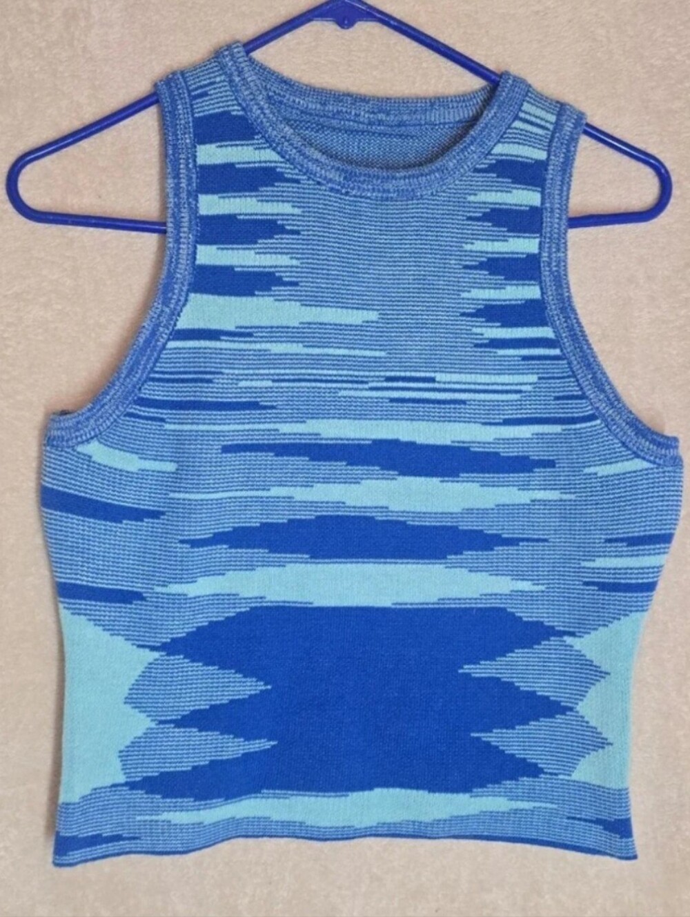 Blue Knit Crop Top Women's Sleeveless Size Large Cotton/Eslastane